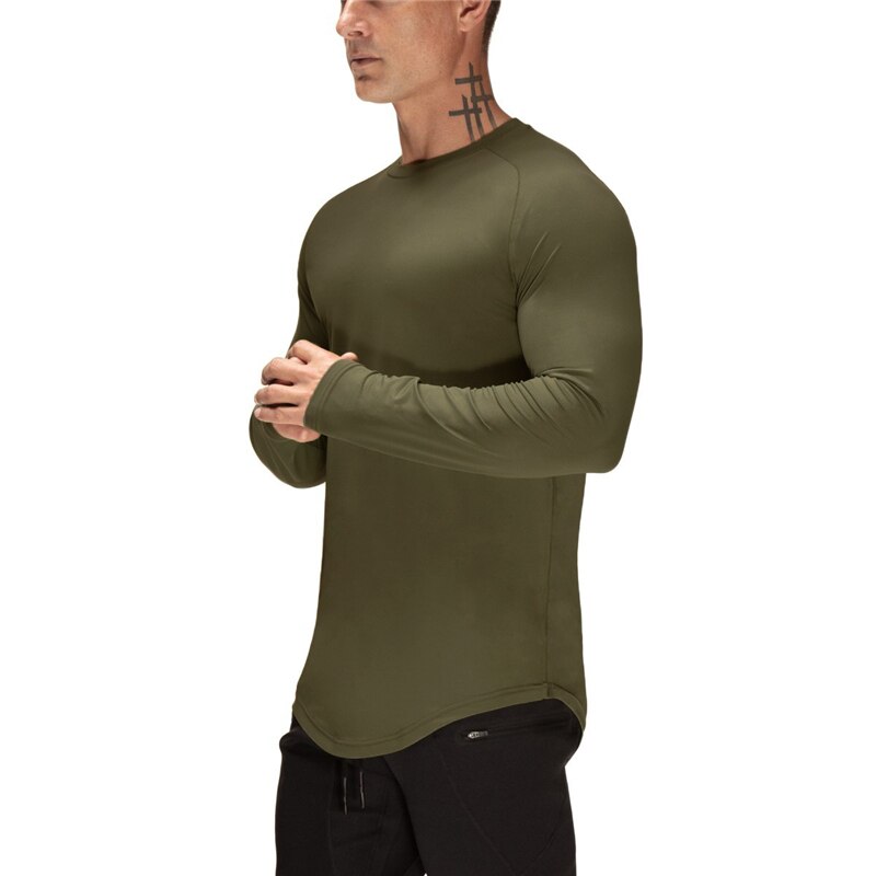 Løbe t-shirt mesh langærmet sport skjorte mænd fitness t shirt fitness tøj dry fit joggers kompression t-shirt træningstop: Militærgrøn / Xl