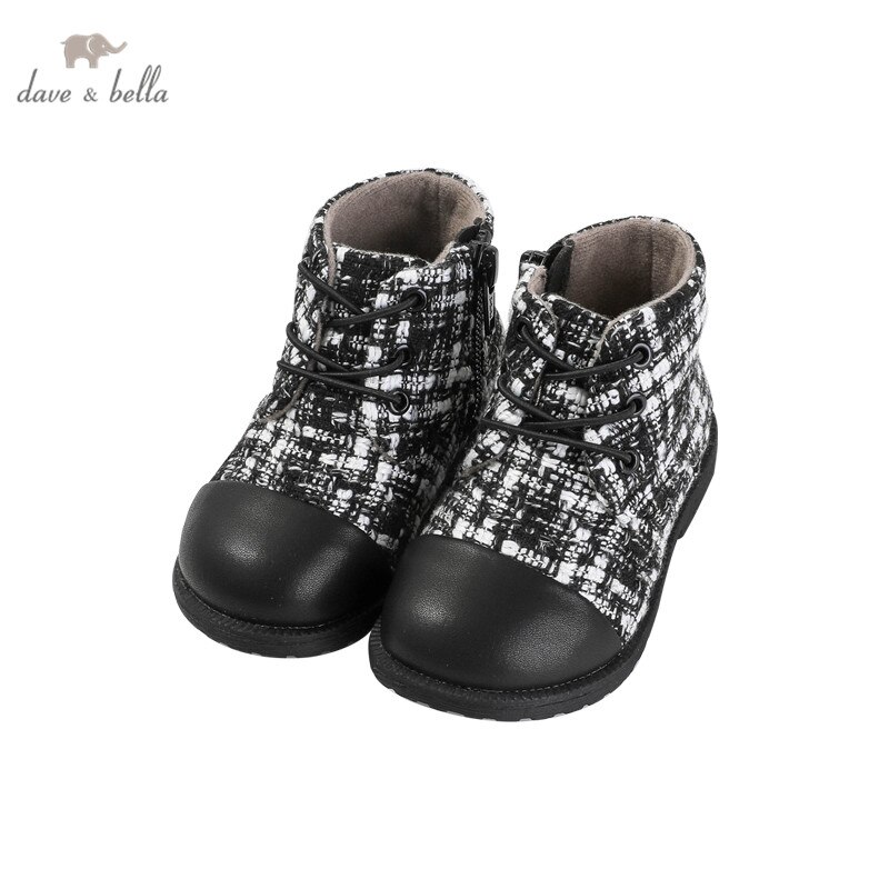 DB14771 Dave Bella della ragazza di inverno di modo del plaid rappezzatura stivali scarpe di cuoio per bambini ragazza stivali di alta qualità fiocco in pelle scarpe