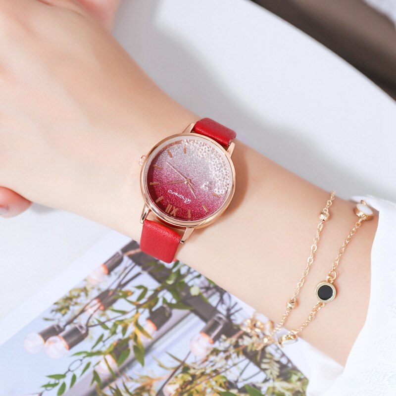 Scroll diamant dames casual leren dameshorloge quartz polshorloge sterrenhemel damesklok reloj mujer relogio feminino: Rode set