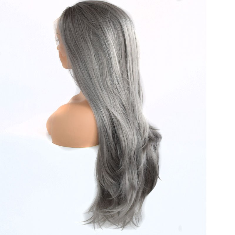 Peluca con malla frontal sintética recta Natural gris oscuro sin pegamento de fibra resistente al calor para pelucas de mujer