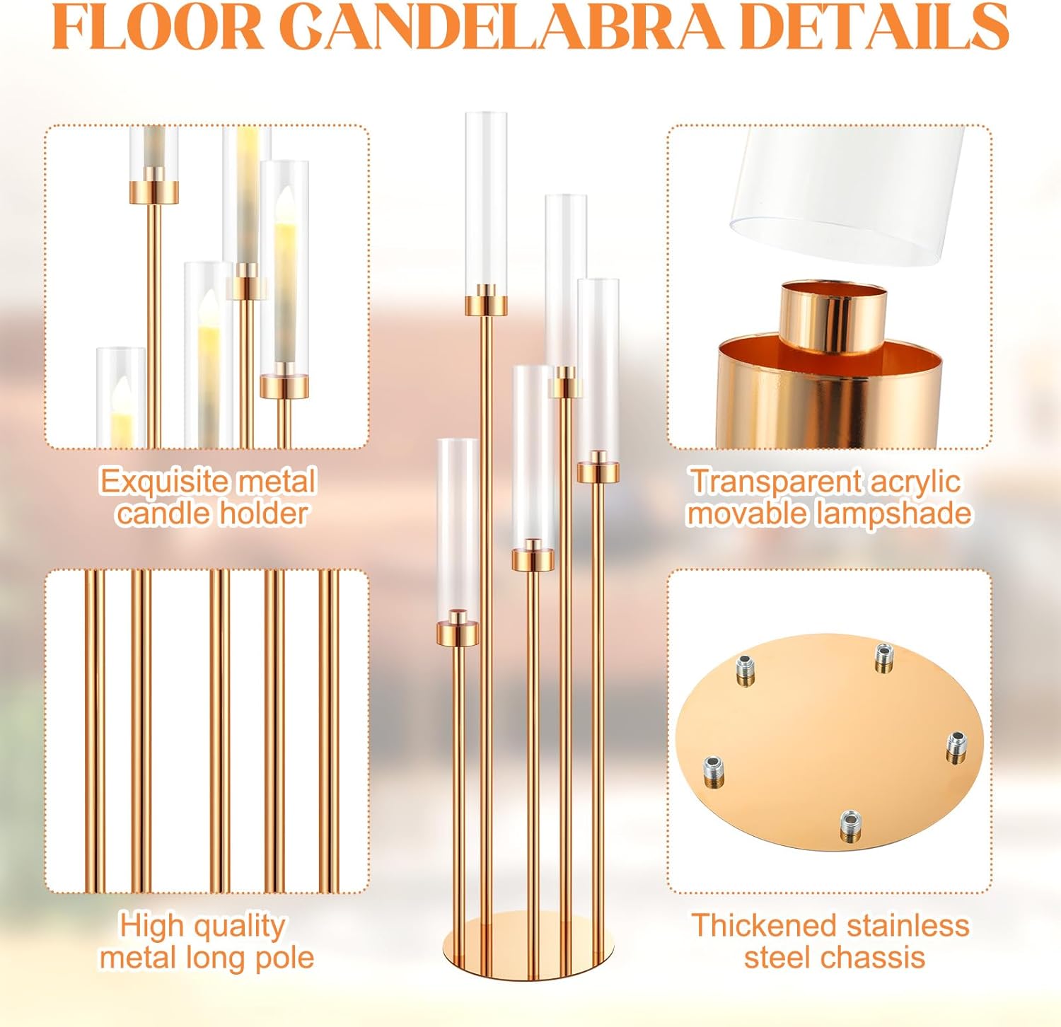 Candelabro de suelo de 5 brazos, candelabro dorado de 42,5 pulgadas de alto, centros de mesa de candelabro para mesas, juego de candelabros de metal con acrílico