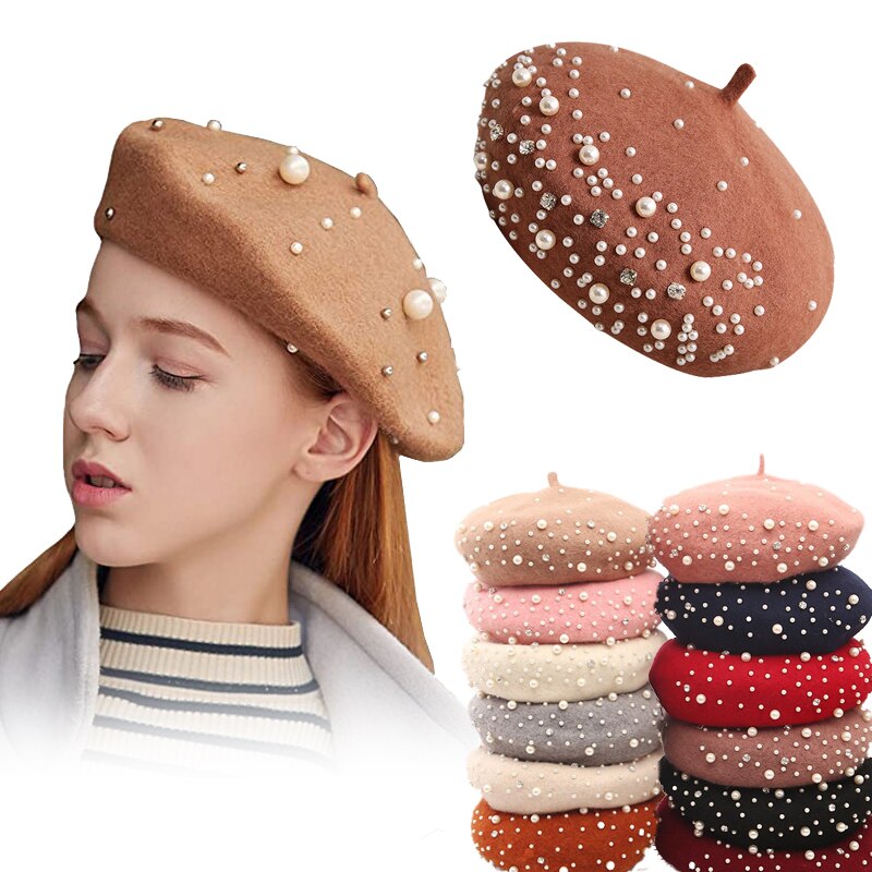 neue Winter warm Französisch Perle Strass Baskenmütze Hütte Elegante Mütze Kappen Einfarbig lässig Herbst Hütte für Frauen mädchen