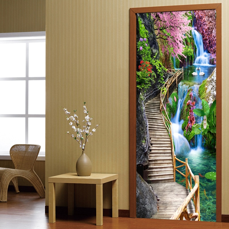 3D Stereo Waterfall Wallpaper Chinese Style Wooden Bridge Landscape PVC Door Wall Stickers Living Room Bedroom Home Door Poster