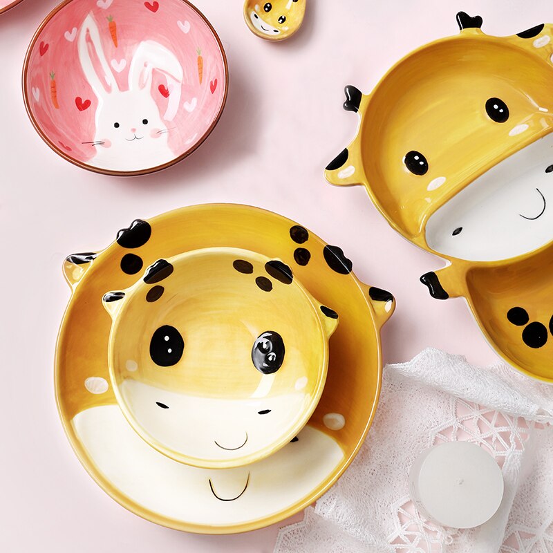 Children's Plate Set Of Rabbite Giraffe Baby Plate Dishes Ceramic Dineerware Set For Kids Bowl Plate Children's Cutlery