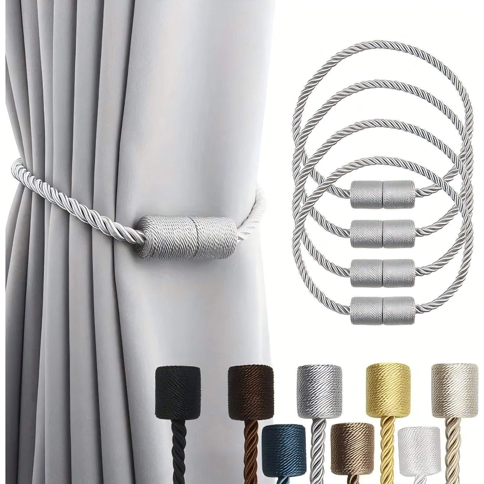 4-delige magnetische gordijnbanden, gordijngespen voor thuis, gordijnbanden voor vaste gordijnen en gordijnen, geschikt voor huisdecoratie voor slaapkamer en woonkamer: Light Grey