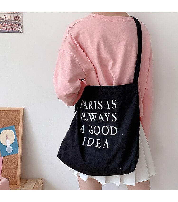 Dames Canvas Tas Vrouwelijke Eenvoudige Engels Brief Afdrukken Schoudertas Womenlarge Capaciteit Crossbody Tas Student Strap Boek Tas: Black