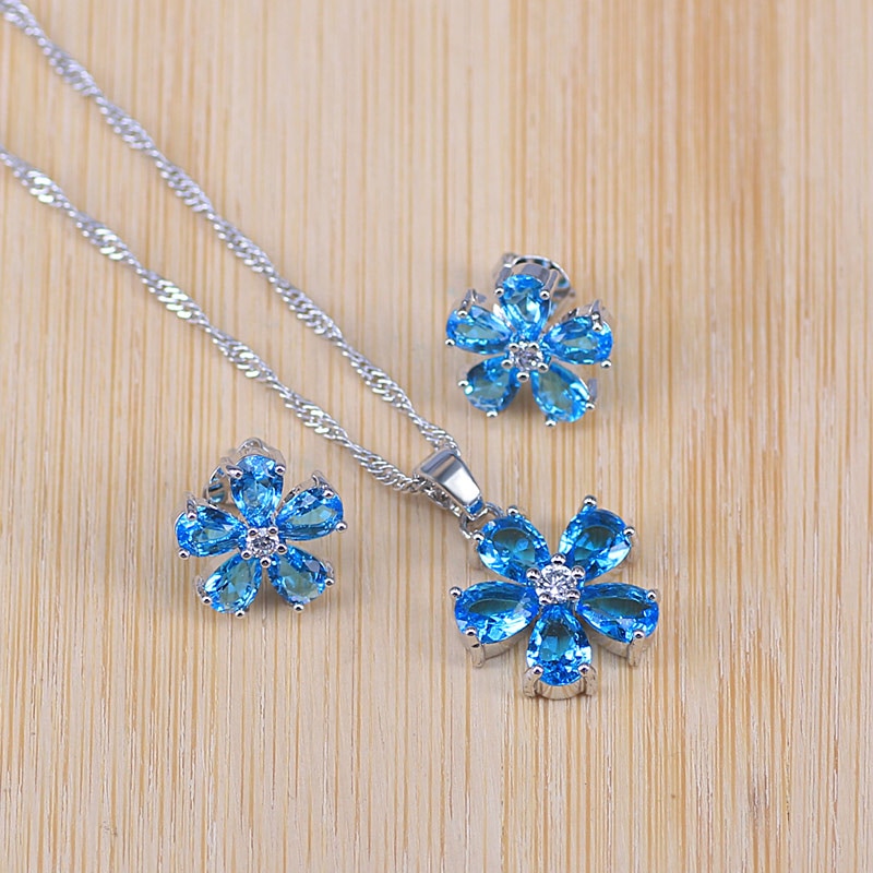 Conjuntos de joyería de Color plateado para mujer, conjunto de flores, azul cielo, Circonia cúbica, joyería de , pendientes, conjunto de collar