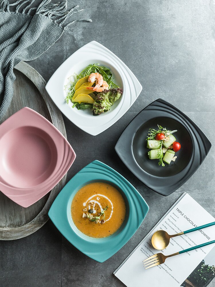 Plato de cerámica para sopa, Plato cuadrado nórdico de porcelana Occidental Profunda para comida, aperitivos, fruta, ensalada, vajilla,