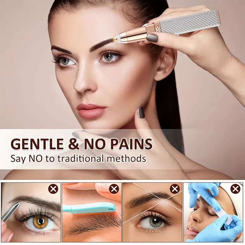 Rechargeable 2-in-1 Eyebrow Razor and Hair Shaver with LED Light Painlessly Remove Peach Fuzz Facial Hair Eyebrows Lips Trimmer