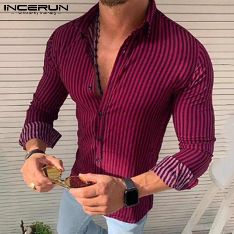 INCERUN Striped Men Brand Shirt Long Sleeve Casual Lapel Thin Shirts Bodybuilding Streetwear Camisa Masculina S-3XL