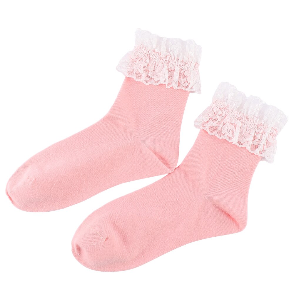 Women Vintage Lace Ruffle Frilly Ankle Socks Ladies Princess Girl Soild Color Cotton Socks 6 Color Available Harajuku: Pink
