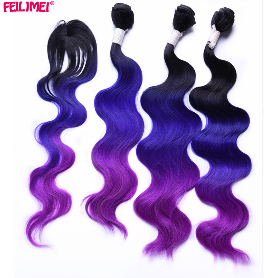 Feilimei-mechones de pelo sintético, tejido de fibra de alta temperatura, 3 tonos, Rubio degradado, gris, azul, Morado, 18 pulgadas, 20 pulgadas, 22 pulgadas: Morado