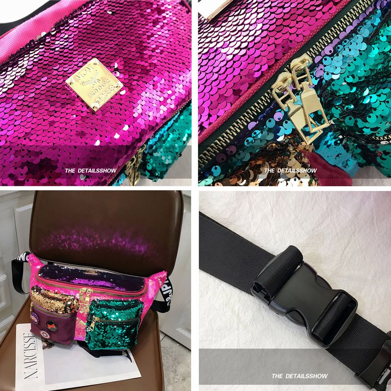Kleur Pailletten Vrouwen Taille Tas Grote Capaciteit Hip Hop Fanny Pack Meerdere Zakken Riem Zakken Vrouwelijke Schouder Crossbody Borst tas