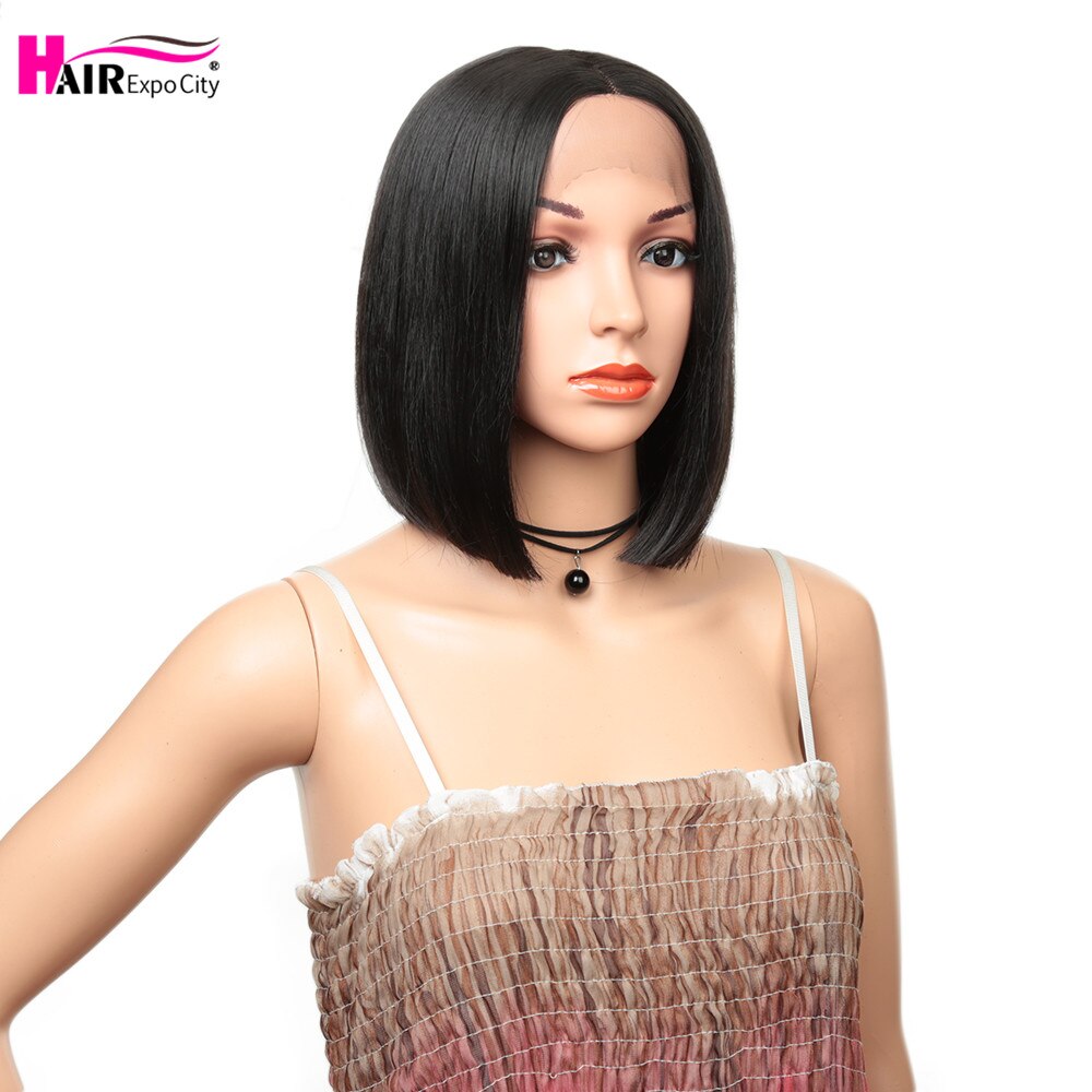 Peluca corta de pelo liso de 14 pulgadas con encaje frontal sintético, resistente al calor, con raya lateral y cabello negro, expo city.