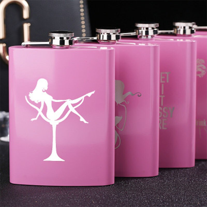 Mini Hip Flask 8oz Pink Alcohol Flask Stainless Steel Bachelorette Party Wedding for Bridesmaids