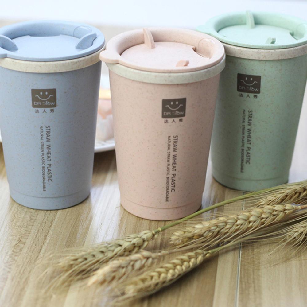 Eco-friendly Drinking Cup 280ML Unbreakable Reusable Two-layer Insulation Wheat Fiber Straw Coffee Cup Travel Mug Leak-proof