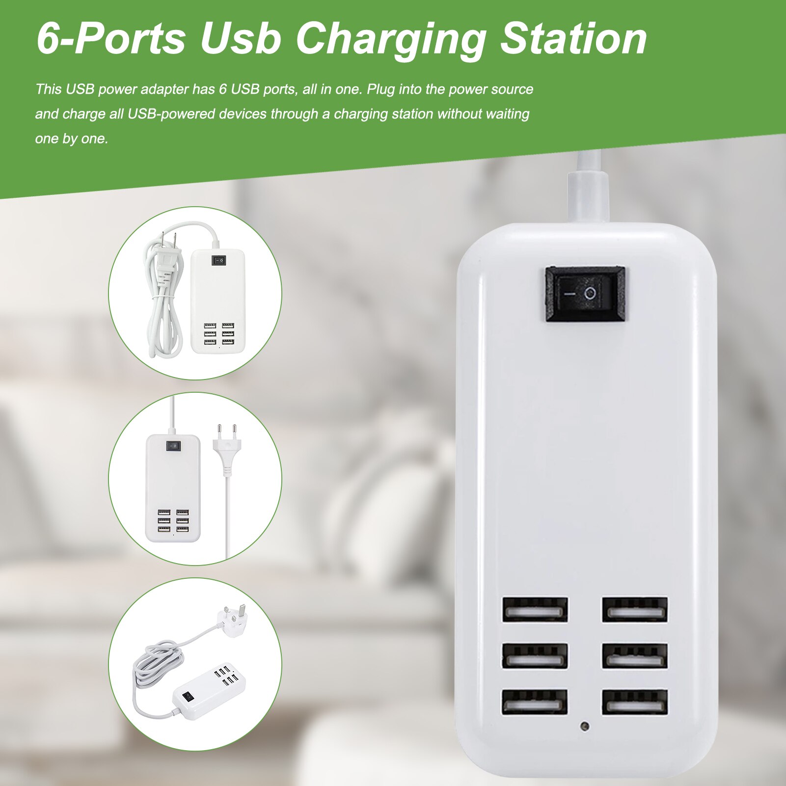 EU/US/UK Plug Adapter 6 Ports USB A Power Strip 1.5m Cable Length USB Charging Socket with Power Switch