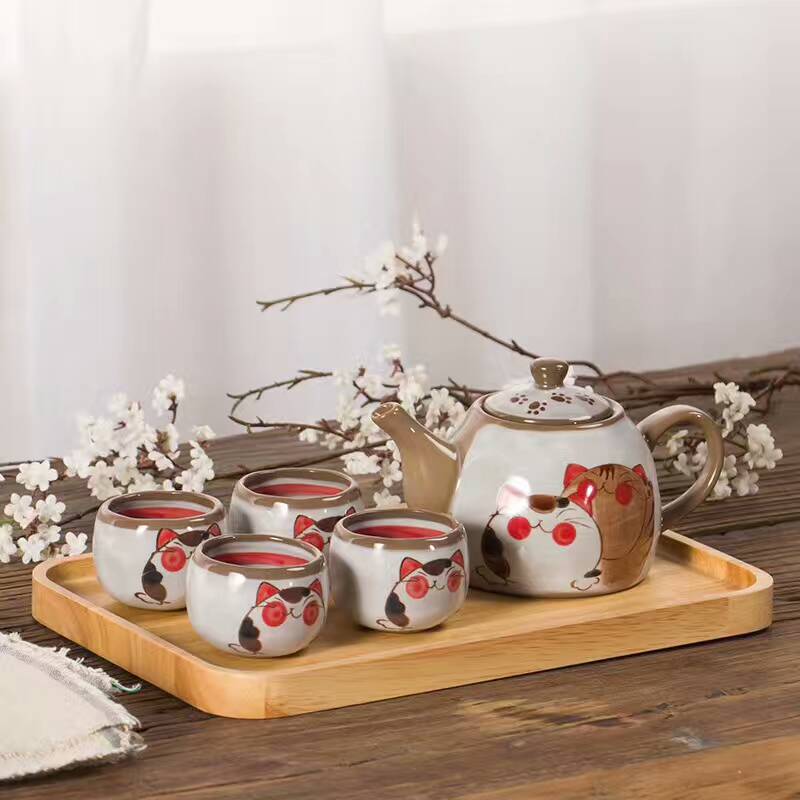 Japanese Style Hand Painted Cute Cat Teapot Ceramic Household Teacup Porcelain Office Kettle Kung Fu Drinkware Tea Set
