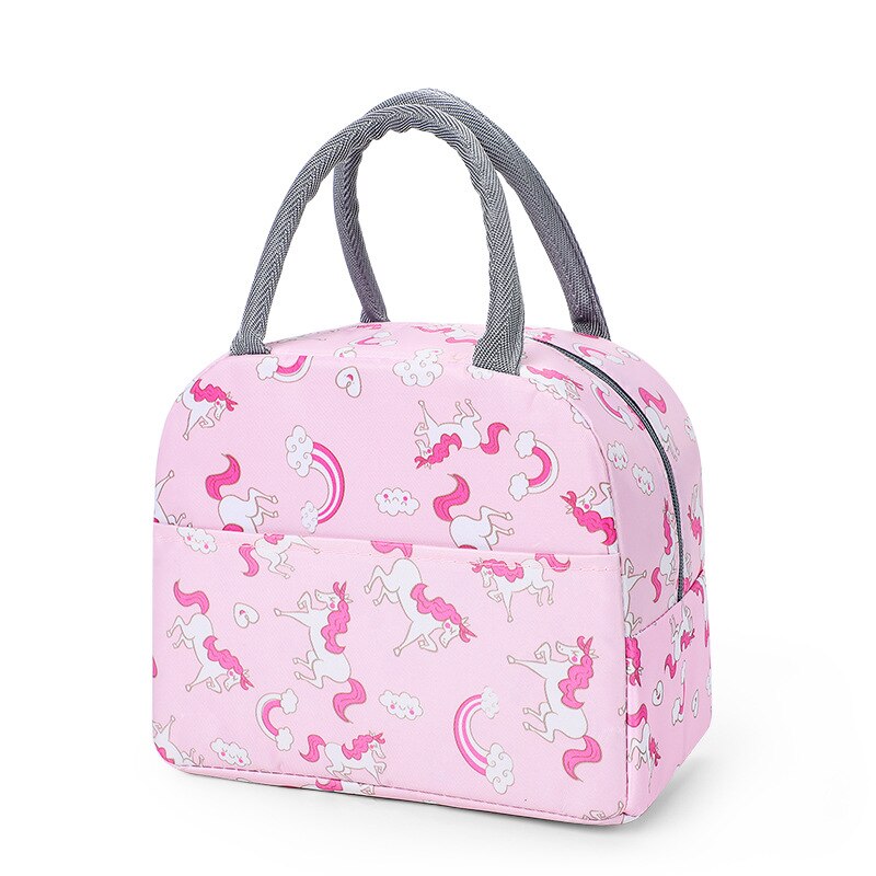 Functional Cute Pattern Lunch Bag Portable Insulated Canvas Cooler Bog Thermal Food Picnic Lunch Bags For Women Kids: Pink Unicon