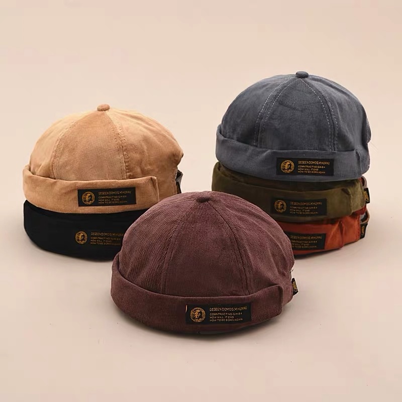 6 farver unisex brimless cap corduroy docker beanie hat rullet manchet retro skullcap til mænd kvinder