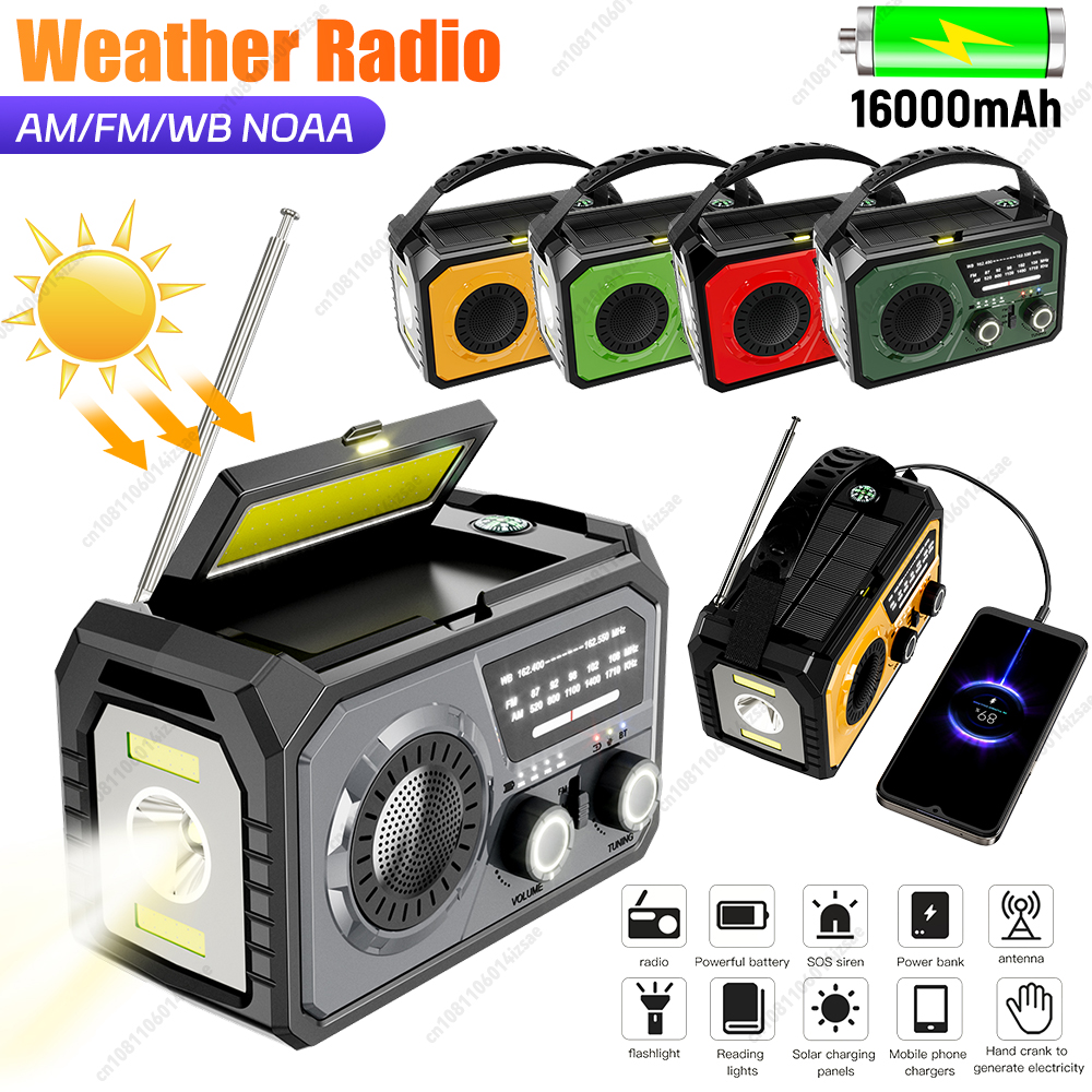 AM/FM/WB NOAA Emergency Weather Radio 16000mAh Bluetooth Speaker Hand Crank/Solar/Type-C Charging Survival Radio LED Flashlight