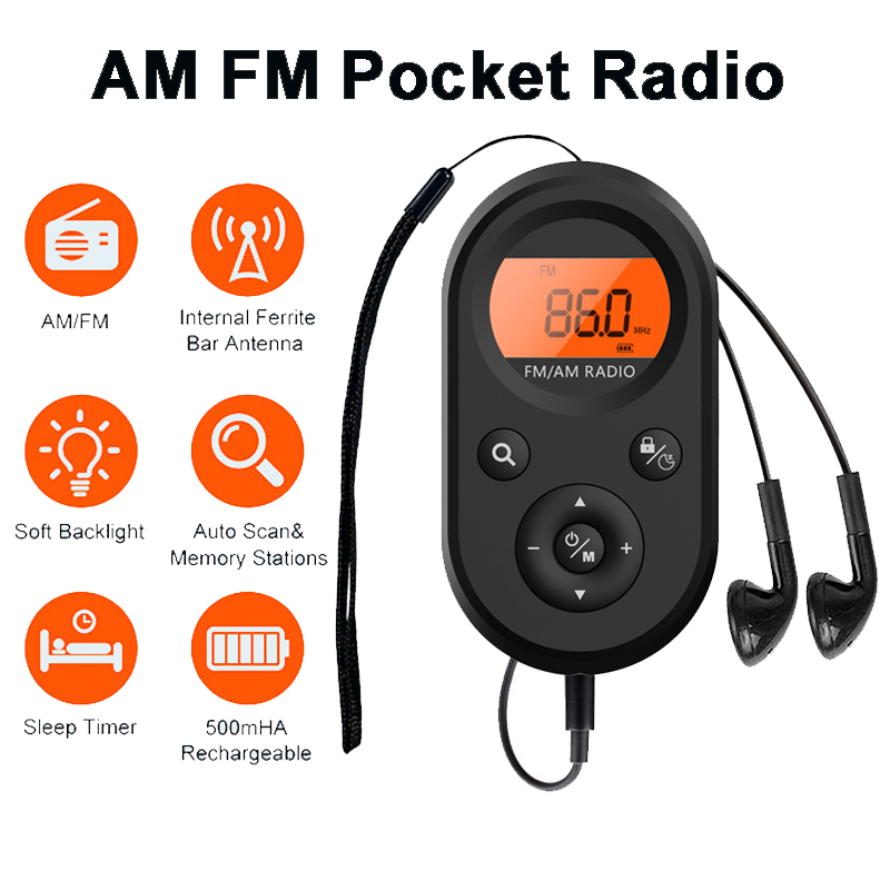 Mini radio FM AM portatile Ricevitore radio tascabile ricaricabile 76-108 Mhz con display LCD retroilluminato e cuffie