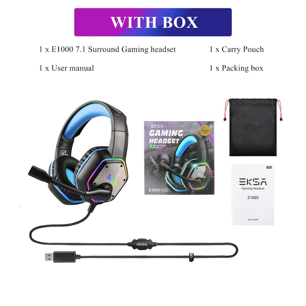 EKSA E1000 oyun kulaklığı 7.1 Surround ses kablolu kulaklık Gamer PC için PS4 RGB ışık ile gürültü iptal Mic oyun kulaklık: Blue with Box