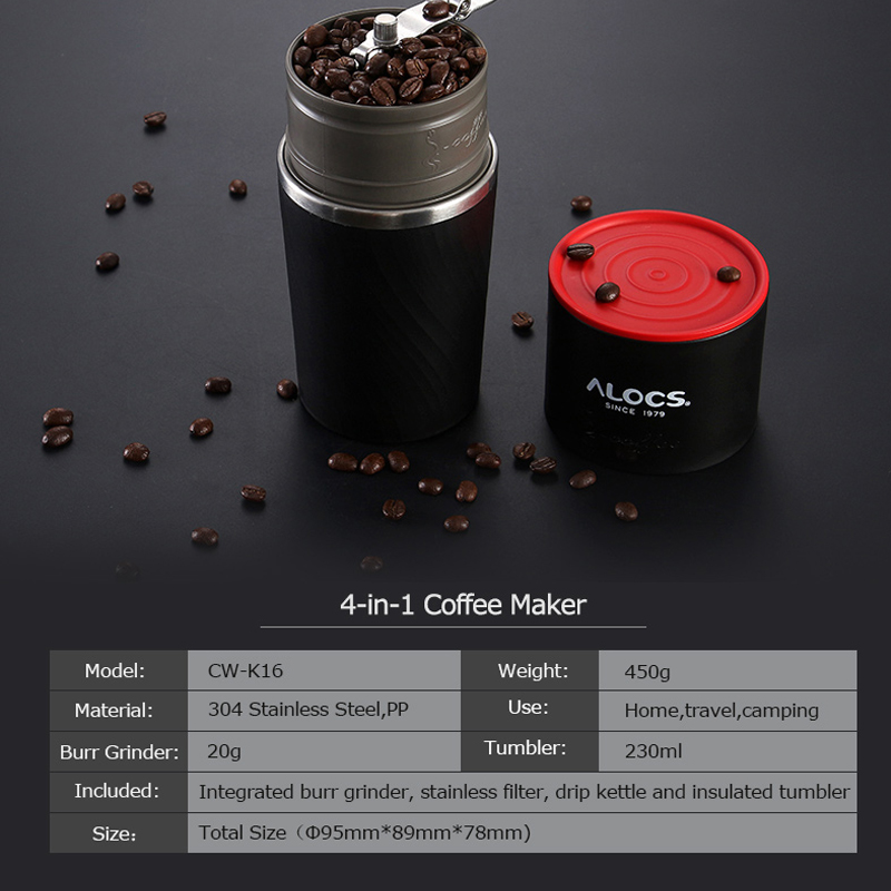 Alocs cw -k16 utomhusresor bärbar allt-i-ett häll över kaffebryggare bryggarmugg keramisk kaffekvarn för campingpicknick