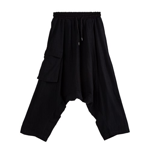 Homme Streetwear Hip Hop Punk gothique Kimono pantalon hommes été coton lin lâche décontracté noir bas entrejambe Harem Cross pantalon: Default Title