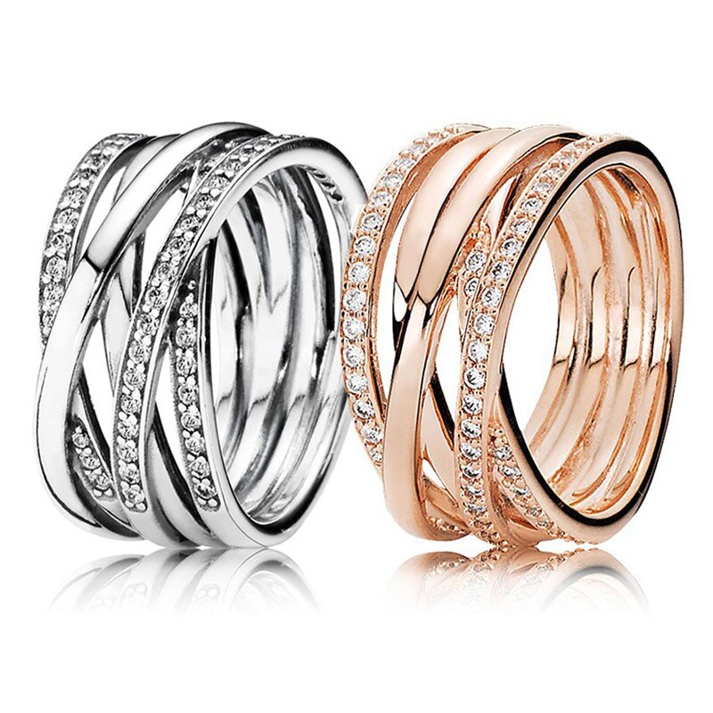 925 Sterling Silver Ring Rose Gold Openwork Eternity Entwined Crystal Rings For Women Wedding Party Fine Europe Jewelry