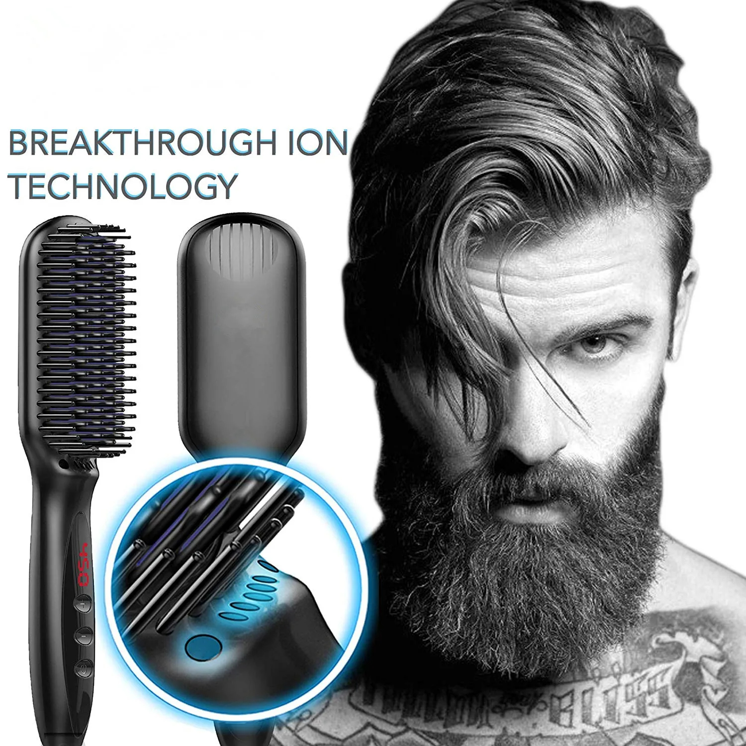 Peine alisador de barba y pelo, cepillo eléctrico de cerámica para alisar el pelo en seco y húmedo, doble uso para bigote