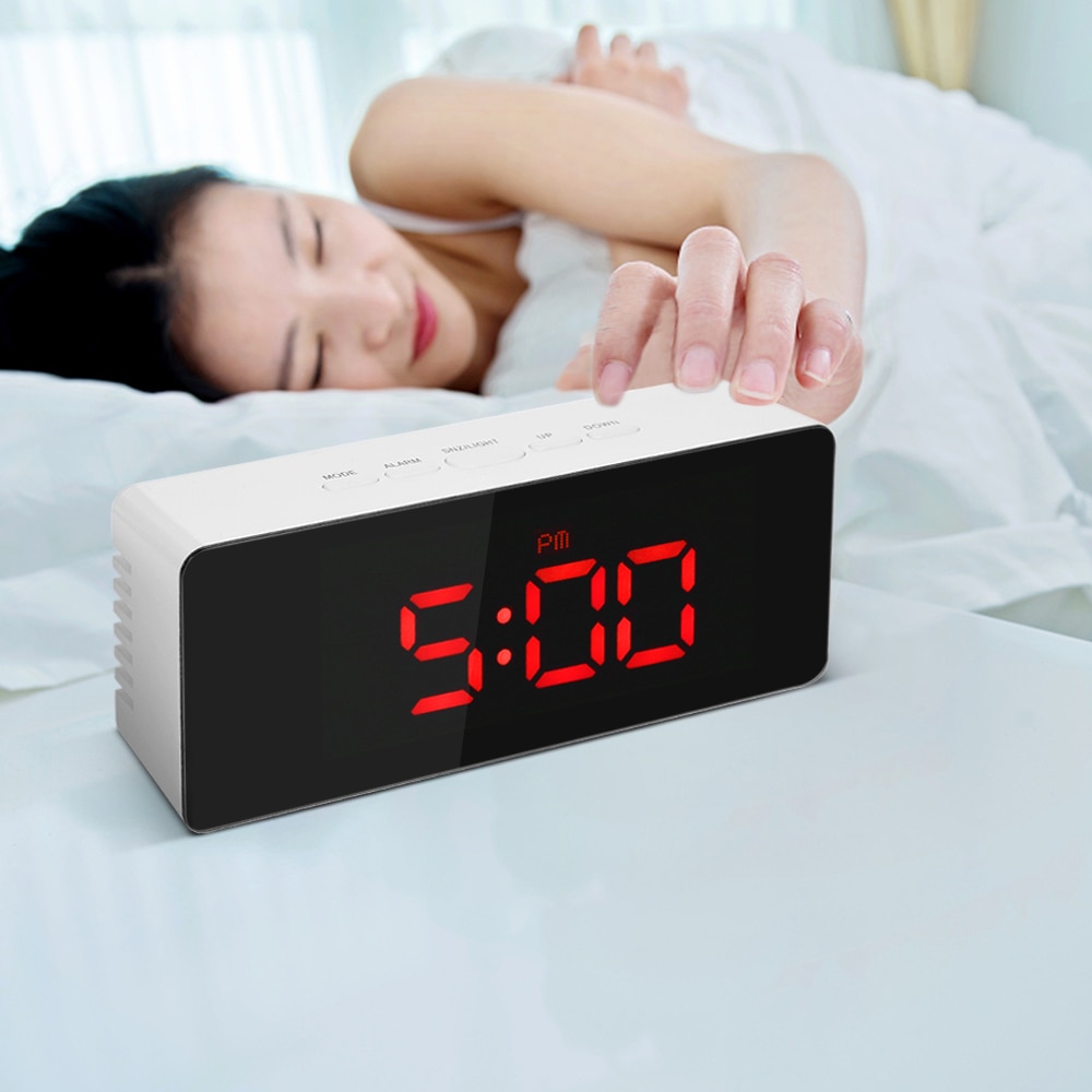 LED Mirror Alarm Clock Digital Table Clock Electronic Desktop Clock Wake Up Light Time Temperature Display Clocks with Snooze