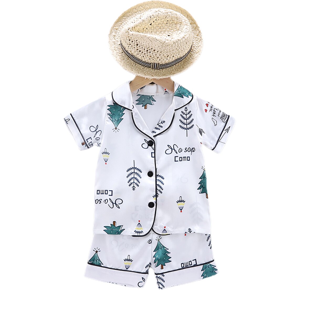 Kids Baby Jongens Meisjes Korte Mouwen Korte Broek Pyjama Set Zomer Cartoon Beer Boom Patroon Thuis Kleding Pak: WHITE / 12 to 18M