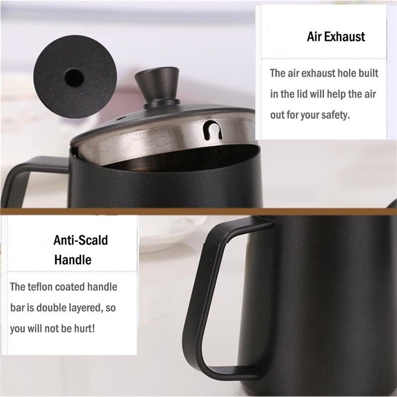 Teflón negro de 350ml y 600ml con recubrimiento de 5mm, boquilla de cuello de cisne, tetera de acero inoxidable para café, tetera de goteo para café por goteo