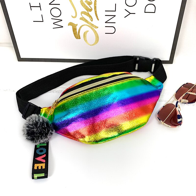 Delle Ragazze Delle donne del Pacchetto Della Vita di Arcobaleno Colorato di Fanny Sacchetto Della Cinghia Del Sacchetto Pom Amore Della Nappa Del Sacchetto Hip Bum Borse Da Viaggio di Sport Piccola Borsa di modo di Nuovo: MULTI