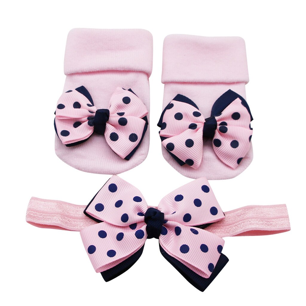 Baby Infant Socks +1PC Hair Belt Toddler Girls Bow Wave Point Anti-slip Socks Newborn Baby Socks Active Baby Clothes Accessories