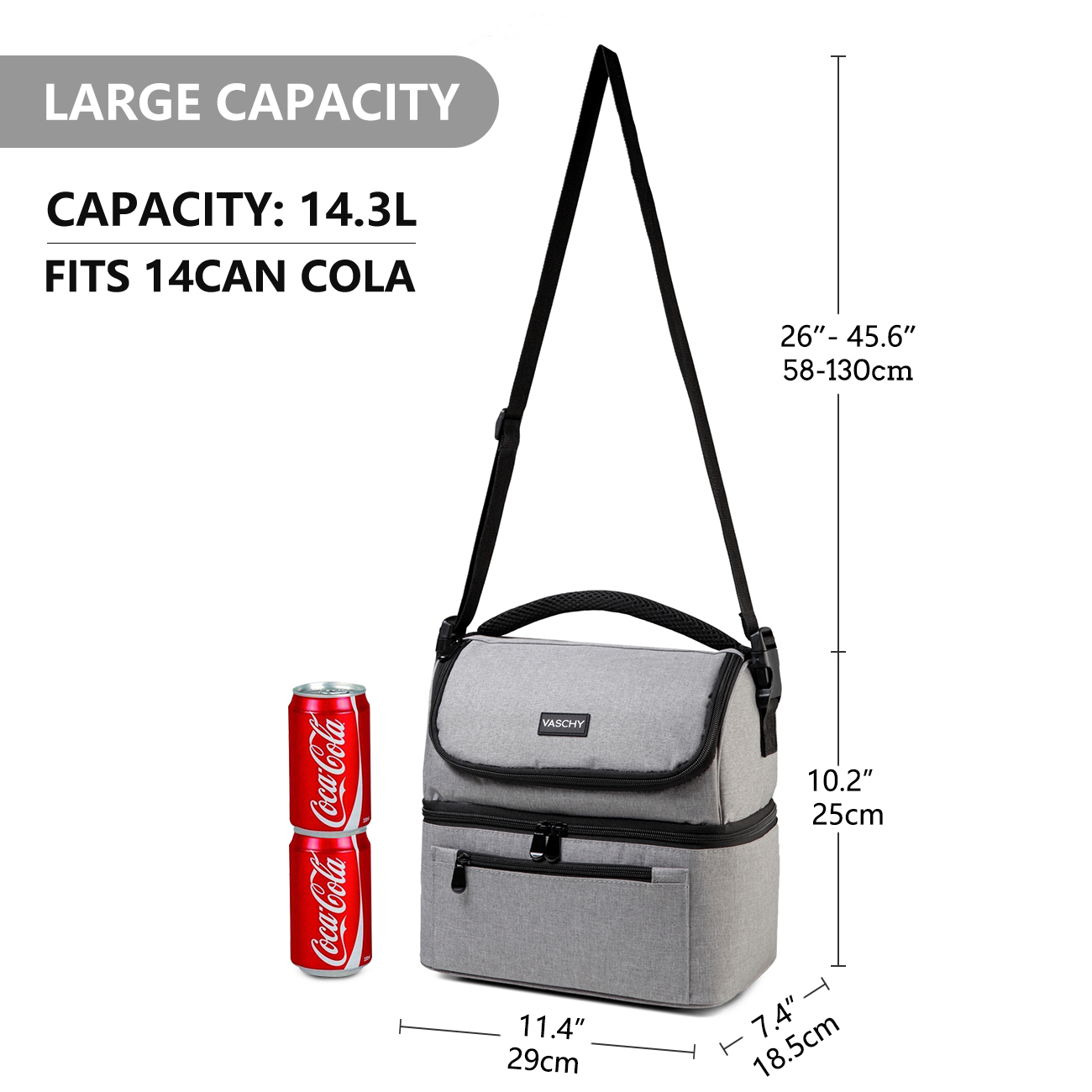 VASCHY-fiambrera aislante para hombre y mujer, bolsa enfriadora a prueba de fugas, con doble compartimento, para el almuerzo, con 14 latas, color gris