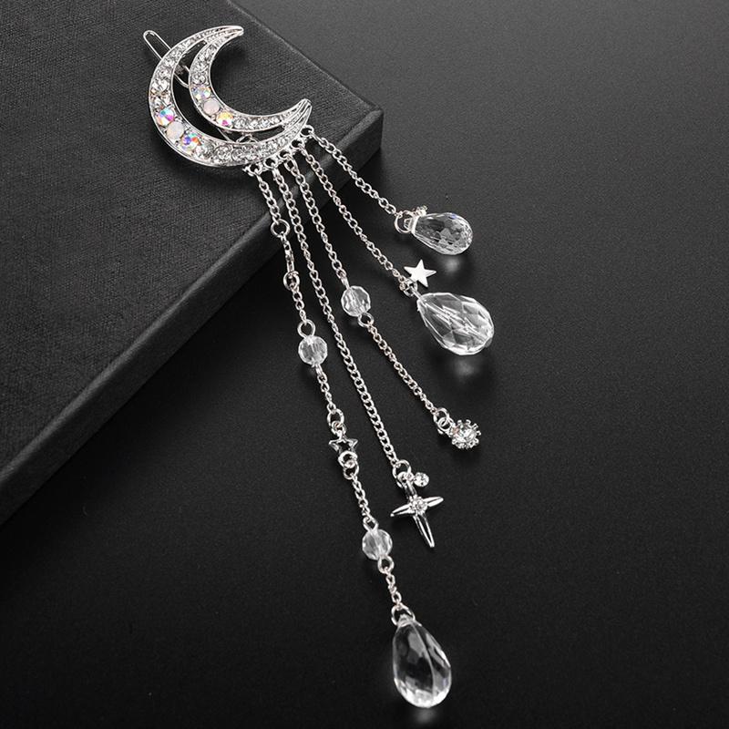 Moon Rhinestone Hair Clip - Crystal Tassel Chain Hairpin - Metal Pearl Hair Jewelry Accessory: Silver Color