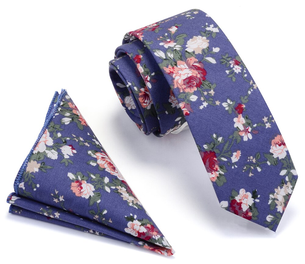 Ricnais 100% Cotton 6cm Slim Pocket Square Necktie Set Red Bule Floral Print Handkerchief Ties Set For Men Party Skinny Neck Tie: 11