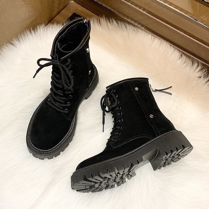 Skinnstøvler kvinner vintersko plattform kvinner støvler varme solide korte plysjsko kvinne kryssbundet
