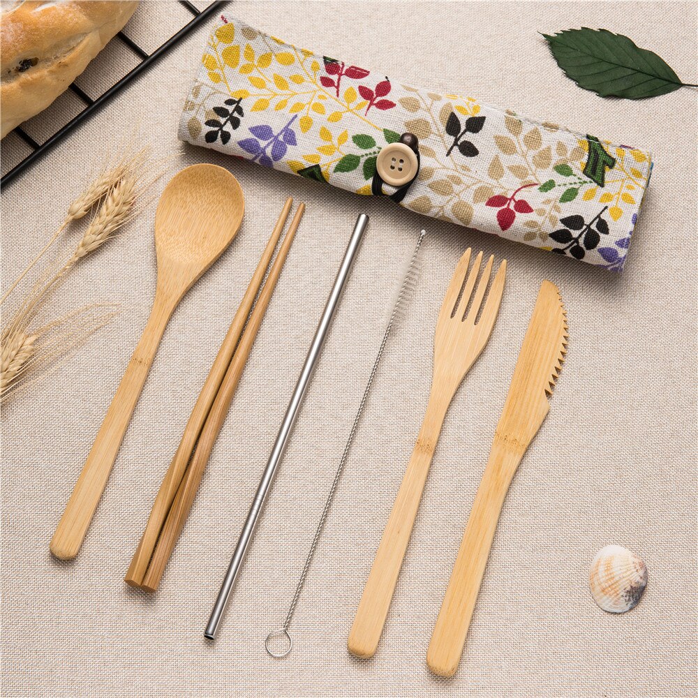 7pcs Reizen Bestek Hout Draagbare Servies Set Houten Bestek Sets Reizen Serviesje Pak Milieu met Doek Bag: 7pcs set006