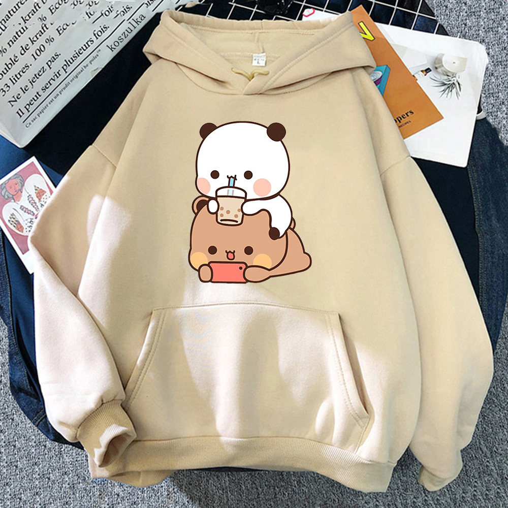 Bubu And Dudu Drink Bubble Tea Print Women Hoodie Kawaii Female Sweatshirt Harajuku Loose Long Sleeve Plus Size Clothes Tops: 4XL / Brown