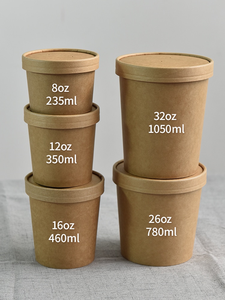 50pcs kraft paper round soup bowl soup bucket disposable lunch box takeaway snack food fruit salad packing cups