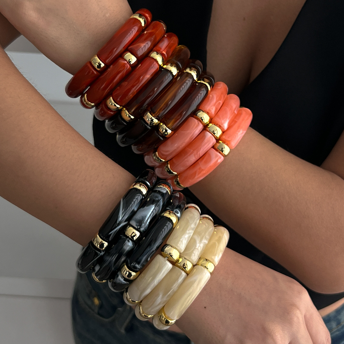 KMVEXO Vintage Acrylic Bamboo Beads Bracelet for Women Multi Color Stretchy Resin Girls Charm Couple Bangles Men Jewelry
