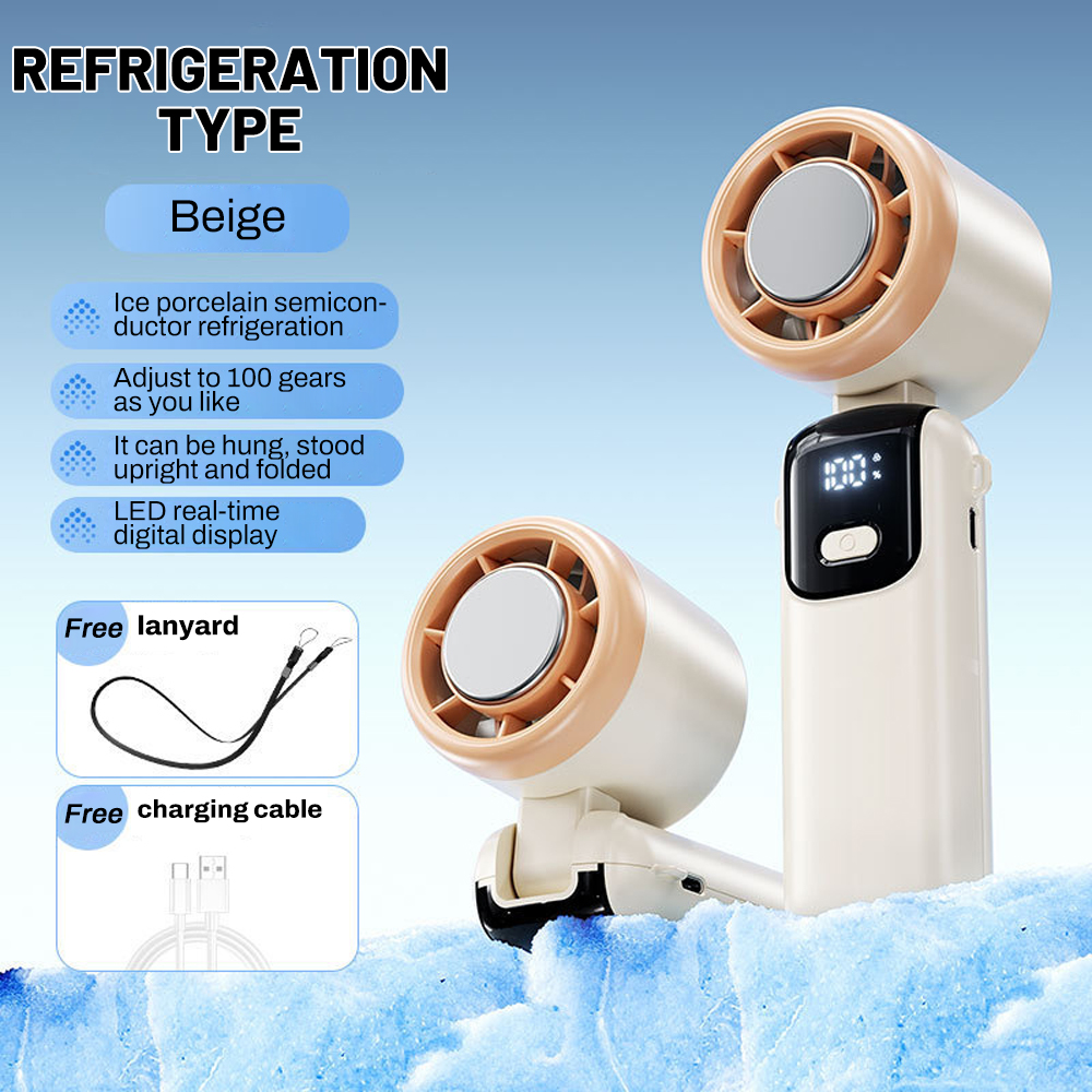 S17 Handheld Ice Fan Semiconductor Folding Ice Cooling Fan 100-Gear Adjustable LED Digital Display Travel Portable USB Mini Fan: khaki