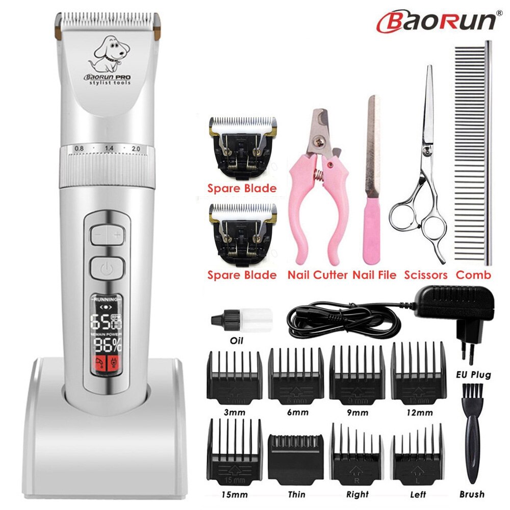 BaoRun P9 Clipper Dogs LCD Screen Pet Cat Clippers Electrical Grooming Trimmer Rechargeable Haircut Machine Animals: White B B Tool Set