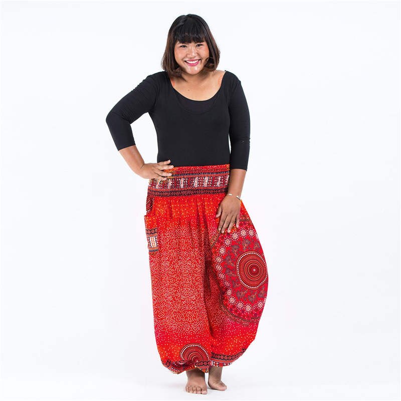 Men Thai Harem Pants Casual Trousers Loose Elastic Waist Vintage Print High Waisted Beach Pants Unisex Women Drawstring
