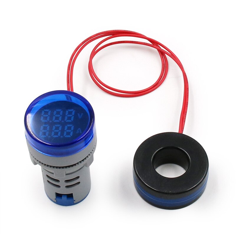 Mini voltímetro Digital redondo amperímetro 22mm AC 20-500V 0-100A Amp Volt probador de voltaje medidor de doble LED indicador de luz piloto: Azul