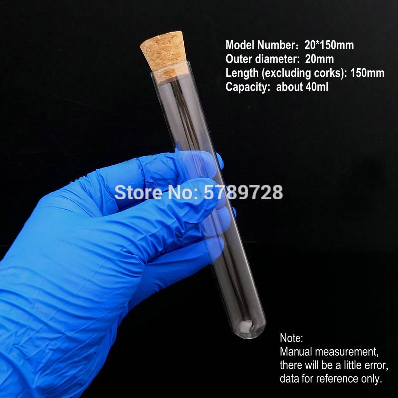 20 piezas tubo de ensayo de fondo redondo de vidrio de 20mm de diámetro exterior con tapón de corcho, equipo de enseñanza experimental escolar