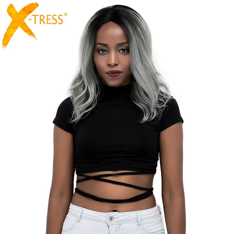 X-TRESS Ombre Grijze Kleur Synthetische Lace Pruiken Natuurlijke Golf Korte Bob Schouder Lengte Zijscheiding Hittebestendige Pruik Voor Zwarte vrouwen